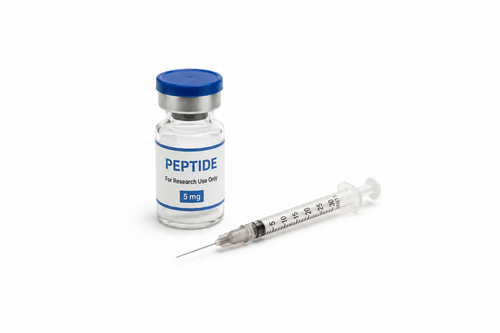 A close-up of a high-purity, lyophilized peptide premium grade vial sealed in a sterile laboratory environment.