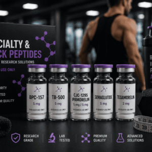 Premium stack peptides category image featuring specialty peptide vials including BPC-157, TB-500, CJC-1295 + Ipamorelin, Semaglutide, and Tesamorelin in a gym setting for advanced research.