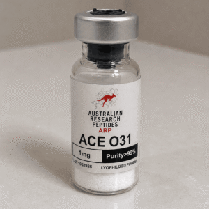 A realistic single glass research vial of ACE O31 1mg featuring the Australian Research Peptides ARP logo and structural chemical diagram on a clean laboratory desk, optimized for ace o31 search intent.