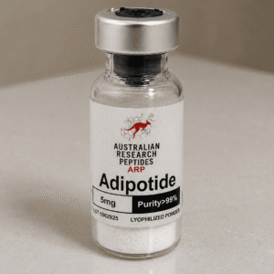 A realistic single glass research vial of Adipotide featuring the Australian Research Peptides ARP logo and structural chemical diagram on a clean laboratory desk, optimized for adipotide search intent.