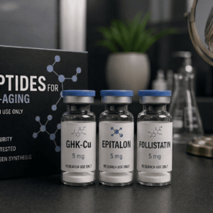 High-purity GHK-Cu, Epitalon, and Follistatin research vials alongside dermal microneedling tools and an older woman reflecting smooth skin results, showcasing anti aging peptides.
