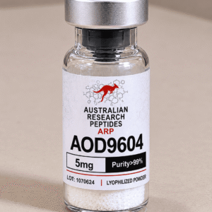 A realistic single glass research vial of AOD-9604 5mg displaying the Australian Research Peptides ARP branding on a lab bench, optimized for aod 9604 australia search intent.