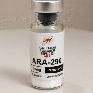 A realistic single glass research vial of ARA290 10mg displaying the Australian Research Peptides ARP logo on a sterile lab desk, ideal for labs initiating an ara290 buy protocol.