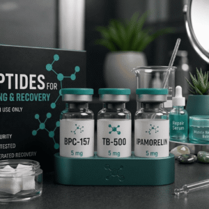 High-purity BPC-157, TB-500, and Ipamorelin research vials next to a premium product box, representing the best peptides for healing and recovery.