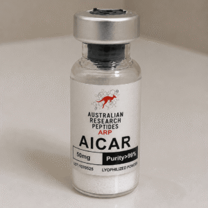 A realistic single glass research vial of AICAR 50mg featuring the Australian Research Peptides ARP logo and molecular structure, optimized for researchers looking to buy aicar.