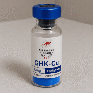 GHK-CU 50mg injectable peptide vials with blue caps and blue solution for research use