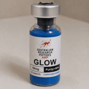 A realistic single glass research vial of Glow Peptide 5mg showcasing the Australian Research Peptides ARP branding on a lab desk, optimized for glow peptide asset searches.