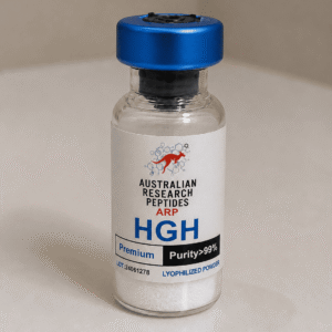Premium lyophilized human growth hormone peptide vial sitting inside a sterile laboratory setting.