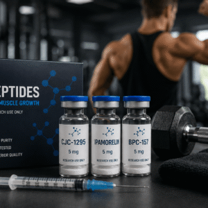 Sealed glass vials with a 99.9% purity profile on a laboratory counter, representing advanced peptides for muscle growth and cellular repair assays.