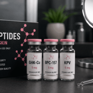 High-purity lyophilized research vials inside a sterile laboratory, representing advanced peptides for skin repair and collagen synthesis studies.